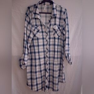 White Mark Plaid Shirt Dress in Blue and Cream